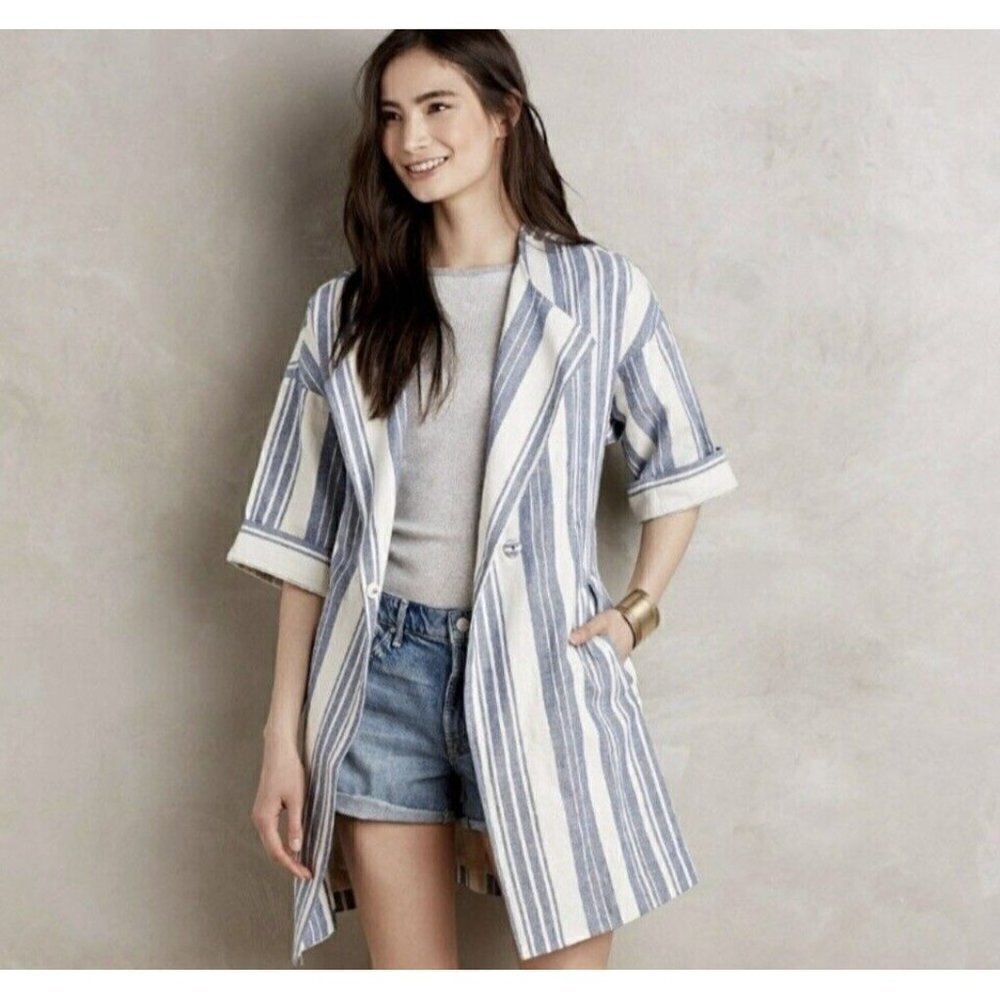 Elevenses Anthropologie North Channel Blue Striped Linen Blend Jacket‎ Size S